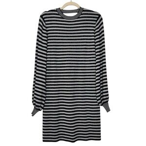 Maje Rushour Breton Stripe Long Sleeve Knit Jumper Dress Black Silver Large Glam